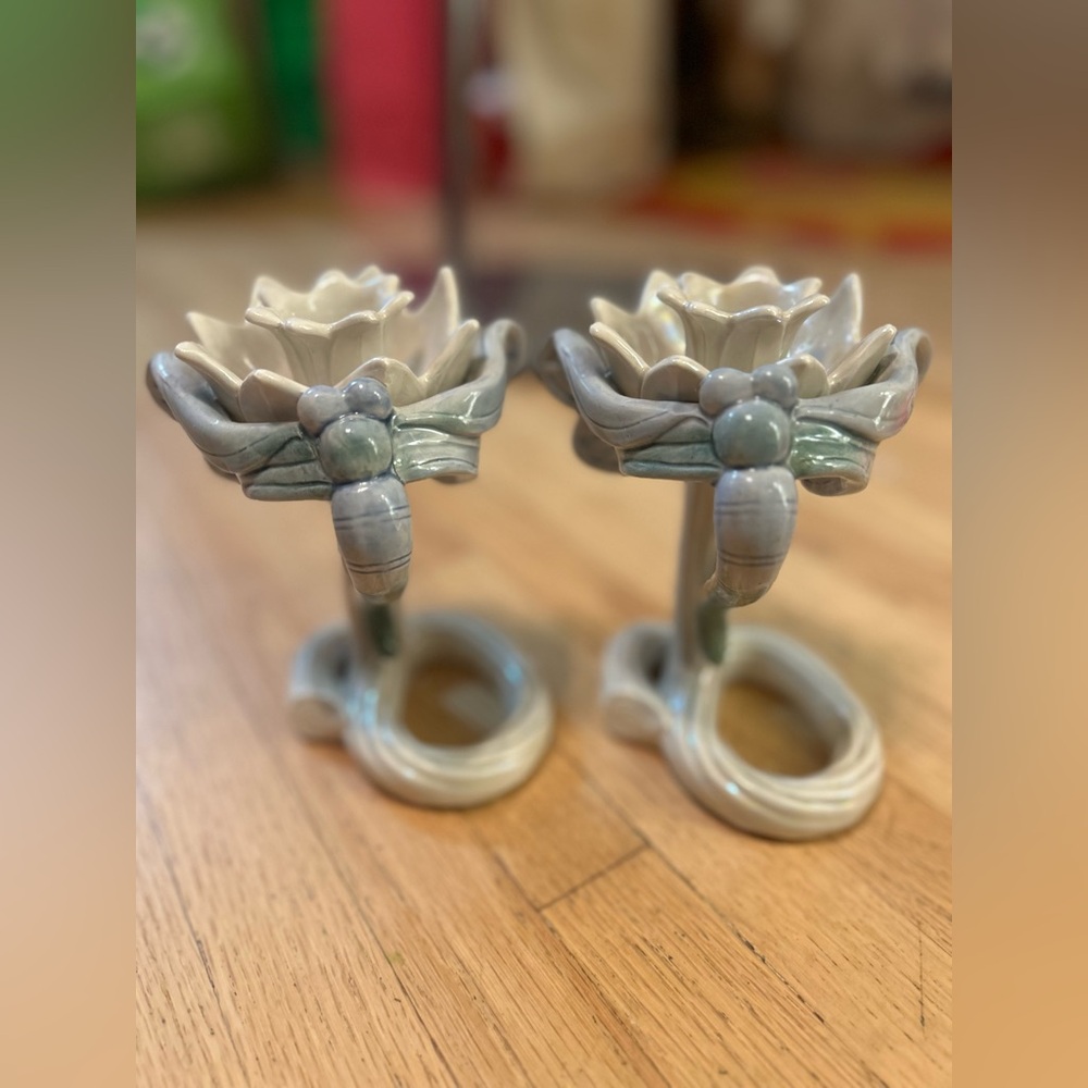 Vintage Fitz and Floyd Dragonfly Ceramic Candlesticks Pair